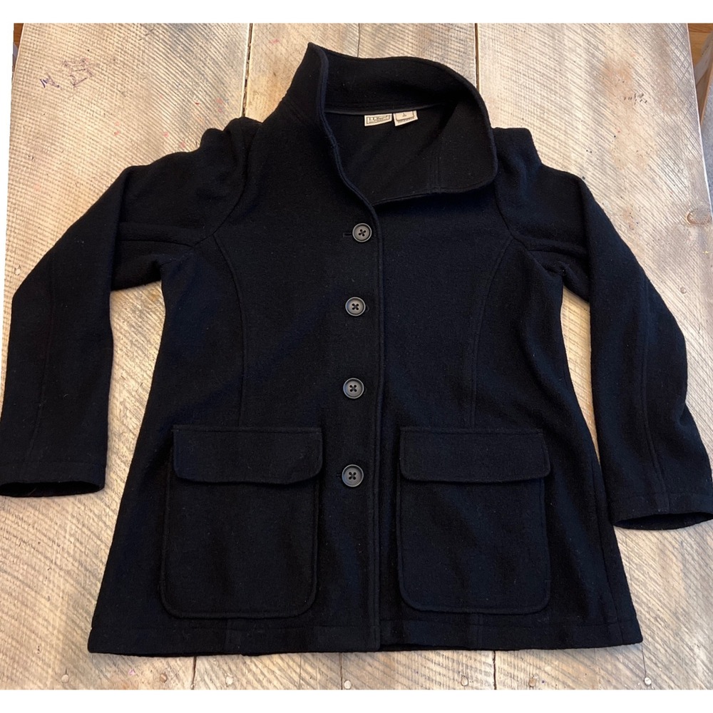 LL Bean Womens Black 100% Wool Button Front Pocket Jacket Coat Large L Regular